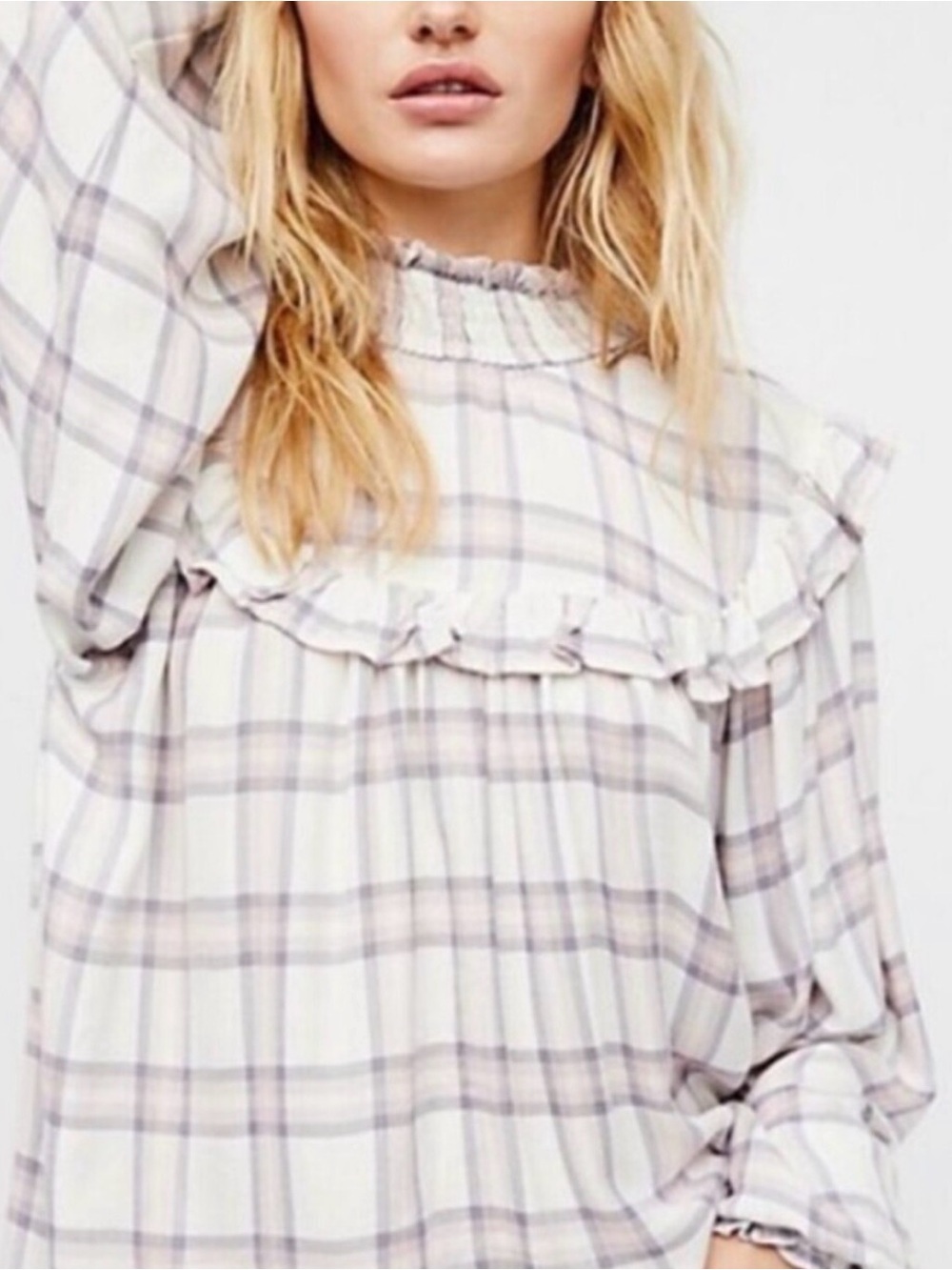#758 FREE PEOPLE Charlie Pink/Purple Plaid Ruffle Yoke High-Neck Blouse